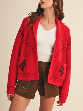 Red Horse Western Knit Shawl Collar Relaxed Fit Cardigan Sweater Fall